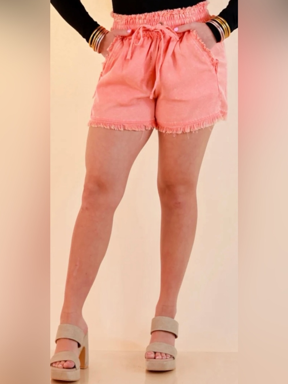🪸EUC Zenana "Mineral Wash Frayed Details Drawstring🎀Shorts w/Pockets🤗” Coral🪸XL